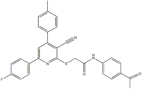 N-(4-acetylphenyl)-2-{[3-cyano-6-(4-fluorophenyl)-4-(4-methylphenyl)-2-pyridinyl]sulfanyl}acetamide Structure