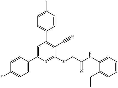 2-{[3-cyano-6-(4-fluorophenyl)-4-(4-methylphenyl)-2-pyridinyl]sulfanyl}-N-(2-ethylphenyl)acetamide Structure