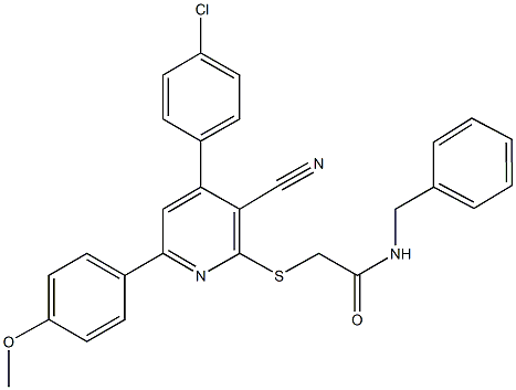 N-benzyl-2-{[4-(4-chlorophenyl)-3-cyano-6-(4-methoxyphenyl)-2-pyridinyl]sulfanyl}acetamide Structure