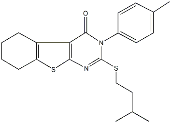 2-(isopentylsulfanyl)-3-(4-methylphenyl)-5,6,7,8-tetrahydro[1]benzothieno[2,3-d]pyrimidin-4(3H)-one 구조식 이미지