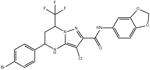 N-(1,3-benzodioxol-5-yl)-5-(4-bromophenyl)-3-chloro-7-(trifluoromethyl)-4,5,6,7-tetrahydropyrazolo[1,5-a]pyrimidine-2-carboxamide 구조식 이미지