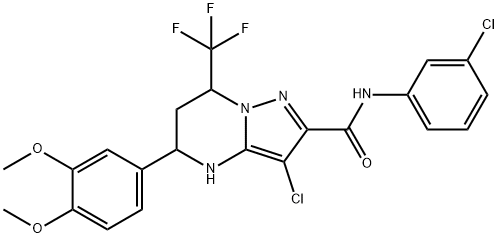 3-chloro-N-(3-chlorophenyl)-5-(3,4-dimethoxyphenyl)-7-(trifluoromethyl)-4,5,6,7-tetrahydropyrazolo[1,5-a]pyrimidine-2-carboxamide 구조식 이미지