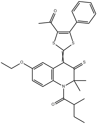 1-[2-(6-ethoxy-2,2-dimethyl-1-(2-methylbutanoyl)-3-thioxo-2,3-dihydro-4(1H)-quinolinylidene)-5-phenyl-1,3-dithiol-4-yl]ethanone 구조식 이미지
