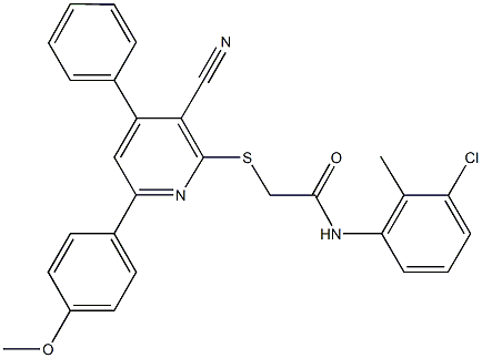 N-(3-chloro-2-methylphenyl)-2-{[3-cyano-6-(4-methoxyphenyl)-4-phenyl-2-pyridinyl]sulfanyl}acetamide 구조식 이미지