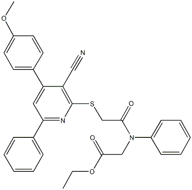 ethyl [({[3-cyano-4-(4-methoxyphenyl)-6-phenyl-2-pyridinyl]sulfanyl}acetyl)anilino]acetate Structure