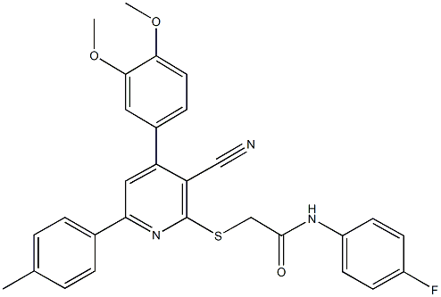 2-{[3-cyano-4-(3,4-dimethoxyphenyl)-6-(4-methylphenyl)-2-pyridinyl]sulfanyl}-N-(4-fluorophenyl)acetamide 구조식 이미지