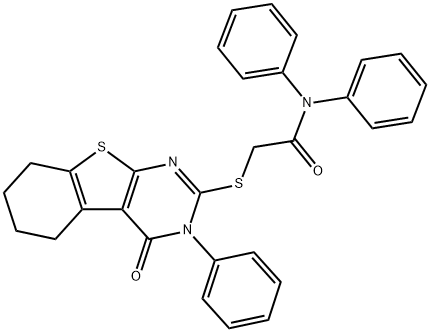 2-[(4-oxo-3-phenyl-3,4,5,6,7,8-hexahydro[1]benzothieno[2,3-d]pyrimidin-2-yl)sulfanyl]-N,N-diphenylacetamide 구조식 이미지