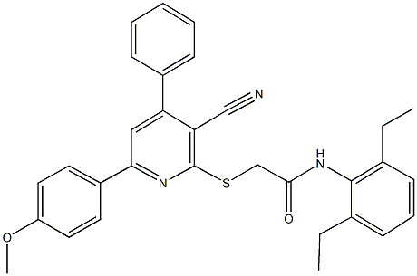 2-{[3-cyano-6-(4-methoxyphenyl)-4-phenyl-2-pyridinyl]sulfanyl}-N-(2,6-diethylphenyl)acetamide Structure