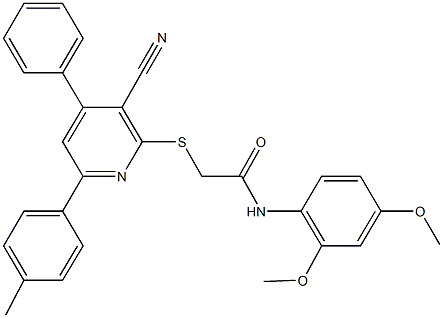 2-{[3-cyano-6-(4-methylphenyl)-4-phenyl-2-pyridinyl]sulfanyl}-N-(2,4-dimethoxyphenyl)acetamide 구조식 이미지