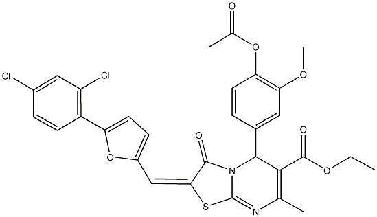 ethyl 5-[4-(acetyloxy)-3-methoxyphenyl]-2-{[5-(2,4-dichlorophenyl)-2-furyl]methylene}-7-methyl-3-oxo-2,3-dihydro-5H-[1,3]thiazolo[3,2-a]pyrimidine-6-carboxylate 구조식 이미지