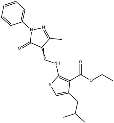 ethyl 4-isobutyl-2-{[(3-methyl-5-oxo-1-phenyl-1,5-dihydro-4H-pyrazol-4-ylidene)methyl]amino}-3-thiophenecarboxylate 구조식 이미지