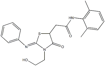 N-(2,6-dimethylphenyl)-2-[3-(2-hydroxyethyl)-4-oxo-2-(phenylimino)-1,3-thiazolidin-5-yl]acetamide 구조식 이미지