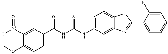 N-[2-(2-fluorophenyl)-1,3-benzoxazol-5-yl]-N'-{3-nitro-4-methoxybenzoyl}thiourea 구조식 이미지