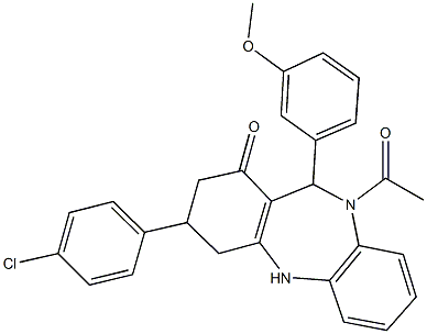 10-acetyl-3-(4-chlorophenyl)-11-(3-methoxyphenyl)-2,3,4,5,10,11-hexahydro-1H-dibenzo[b,e][1,4]diazepin-1-one 구조식 이미지