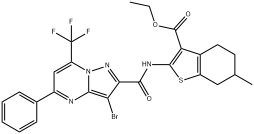 ethyl 2-({[3-bromo-5-phenyl-7-(trifluoromethyl)pyrazolo[1,5-a]pyrimidin-2-yl]carbonyl}amino)-6-methyl-4,5,6,7-tetrahydro-1-benzothiophene-3-carboxylate 구조식 이미지