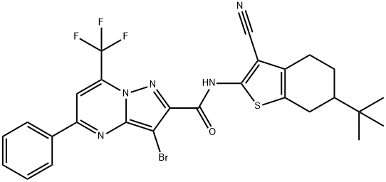 3-bromo-N-(6-tert-butyl-3-cyano-4,5,6,7-tetrahydro-1-benzothien-2-yl)-5-phenyl-7-(trifluoromethyl)pyrazolo[1,5-a]pyrimidine-2-carboxamide 구조식 이미지