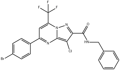 N-benzyl-5-(4-bromophenyl)-3-chloro-7-(trifluoromethyl)pyrazolo[1,5-a]pyrimidine-2-carboxamide 구조식 이미지