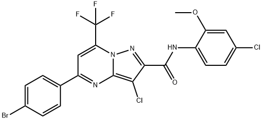 5-(4-bromophenyl)-3-chloro-N-(4-chloro-2-methoxyphenyl)-7-(trifluoromethyl)pyrazolo[1,5-a]pyrimidine-2-carboxamide 구조식 이미지