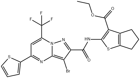 ethyl 2-({[3-bromo-5-(2-thienyl)-7-(trifluoromethyl)pyrazolo[1,5-a]pyrimidin-2-yl]carbonyl}amino)-5,6-dihydro-4H-cyclopenta[b]thiophene-3-carboxylate 구조식 이미지