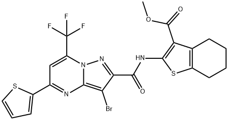 methyl 2-({[3-bromo-5-(2-thienyl)-7-(trifluoromethyl)pyrazolo[1,5-a]pyrimidin-2-yl]carbonyl}amino)-4,5,6,7-tetrahydro-1-benzothiophene-3-carboxylate 구조식 이미지
