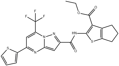 ethyl 2-({[5-(2-thienyl)-7-(trifluoromethyl)pyrazolo[1,5-a]pyrimidin-2-yl]carbonyl}amino)-5,6-dihydro-4H-cyclopenta[b]thiophene-3-carboxylate 구조식 이미지