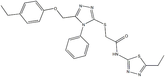2-({5-[(4-ethylphenoxy)methyl]-4-phenyl-4H-1,2,4-triazol-3-yl}sulfanyl)-N-(5-ethyl-1,3,4-thiadiazol-2-yl)acetamide 구조식 이미지