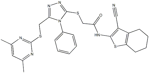 N-(3-cyano-4,5,6,7-tetrahydro-1-benzothien-2-yl)-2-[(5-{[(4,6-dimethyl-2-pyrimidinyl)sulfanyl]methyl}-4-phenyl-4H-1,2,4-triazol-3-yl)sulfanyl]acetamide 구조식 이미지