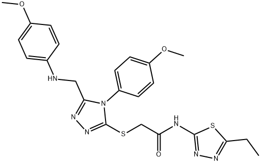 N-(5-ethyl-1,3,4-thiadiazol-2-yl)-2-{[5-[(4-methoxyanilino)methyl]-4-(4-methoxyphenyl)-4H-1,2,4-triazol-3-yl]sulfanyl}acetamide 구조식 이미지