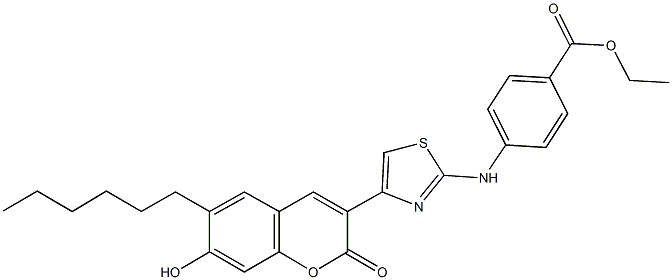 ethyl 4-{[4-(6-hexyl-7-hydroxy-2-oxo-2H-chromen-3-yl)-1,3-thiazol-2-yl]amino}benzoate Structure