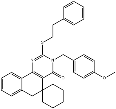 3-(4-methoxybenzyl)-2-[(2-phenylethyl)sulfanyl]-5,6-dihydrospiro(benzo[h]quinazoline-5,1'-cyclohexane)-4(3H)-one Structure