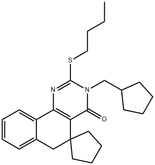 2-(butylsulfanyl)-3-(cyclopentylmethyl)-5,6-dihydrospiro(benzo[h]quinazoline-5,1'-cyclopentane)-4(3H)-one 구조식 이미지