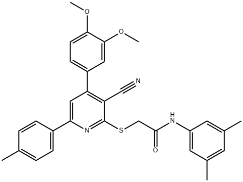 2-{[3-cyano-4-(3,4-dimethoxyphenyl)-6-(4-methylphenyl)-2-pyridinyl]sulfanyl}-N-(3,5-dimethylphenyl)acetamide 구조식 이미지