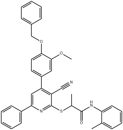 2-({4-[4-(benzyloxy)-3-methoxyphenyl]-3-cyano-6-phenyl-2-pyridinyl}sulfanyl)-N-(2-methylphenyl)propanamide 구조식 이미지