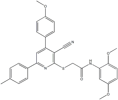 2-{[3-cyano-4-(4-methoxyphenyl)-6-(4-methylphenyl)-2-pyridinyl]sulfanyl}-N-(2,5-dimethoxyphenyl)acetamide Structure