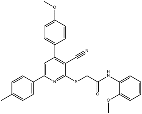2-{[3-cyano-4-(4-methoxyphenyl)-6-(4-methylphenyl)-2-pyridinyl]sulfanyl}-N-(2-methoxyphenyl)acetamide Structure