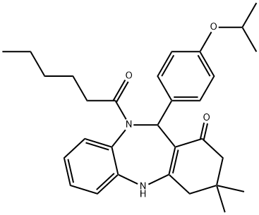 10-hexanoyl-11-(4-isopropoxyphenyl)-3,3-dimethyl-2,3,4,5,10,11-hexahydro-1H-dibenzo[b,e][1,4]diazepin-1-one 구조식 이미지