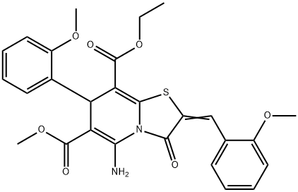 8-ethyl 6-methyl 5-amino-2-(2-methoxybenzylidene)-7-(2-methoxyphenyl)-3-oxo-2,3-dihydro-7H-[1,3]thiazolo[3,2-a]pyridine-6,8-dicarboxylate Structure