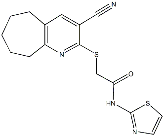 2-[(3-cyano-6,7,8,9-tetrahydro-5H-cyclohepta[b]pyridin-2-yl)sulfanyl]-N-(1,3-thiazol-2-yl)acetamide 구조식 이미지