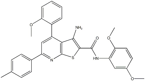 3-amino-N-(2,5-dimethoxyphenyl)-4-(2-methoxyphenyl)-6-(4-methylphenyl)thieno[2,3-b]pyridine-2-carboxamide 구조식 이미지