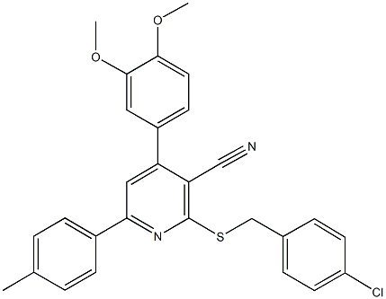 2-[(4-chlorobenzyl)sulfanyl]-4-(3,4-dimethoxyphenyl)-6-(4-methylphenyl)nicotinonitrile Structure