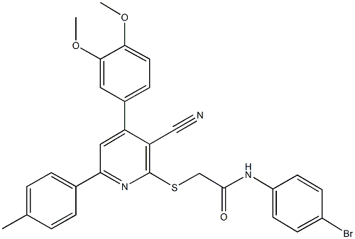 N-(4-bromophenyl)-2-{[3-cyano-4-(3,4-dimethoxyphenyl)-6-(4-methylphenyl)-2-pyridinyl]sulfanyl}acetamide 구조식 이미지