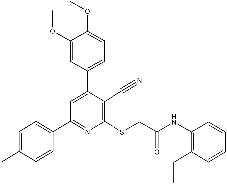 2-{[3-cyano-4-(3,4-dimethoxyphenyl)-6-(4-methylphenyl)-2-pyridinyl]sulfanyl}-N-(2-ethylphenyl)acetamide Structure