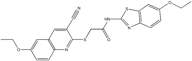 2-[(3-cyano-6-ethoxy-2-quinolinyl)sulfanyl]-N-(6-ethoxy-1,3-benzothiazol-2-yl)acetamide Structure