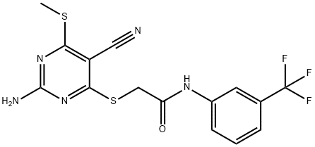 2-{[2-amino-5-cyano-6-(methylsulfanyl)-4-pyrimidinyl]sulfanyl}-N-[3-(trifluoromethyl)phenyl]acetamide 구조식 이미지