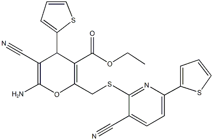 ethyl 6-amino-5-cyano-2-({[3-cyano-6-(2-thienyl)-2-pyridinyl]sulfanyl}methyl)-4-(2-thienyl)-4H-pyran-3-carboxylate Structure