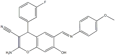 2-amino-4-(3-fluorophenyl)-7-hydroxy-6-{[(4-methoxyphenyl)imino]methyl}-4H-chromene-3-carbonitrile 구조식 이미지