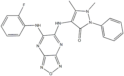4-{[6-(2-fluoroanilino)[1,2,5]oxadiazolo[3,4-b]pyrazin-5-yl]amino}-1,5-dimethyl-2-phenyl-1,2-dihydro-3H-pyrazol-3-one 구조식 이미지
