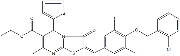 ethyl 2-{4-[(2-chlorobenzyl)oxy]-3,5-diiodobenzylidene}-7-methyl-3-oxo-5-(2-thienyl)-2,3-dihydro-5H-[1,3]thiazolo[3,2-a]pyrimidine-6-carboxylate 구조식 이미지