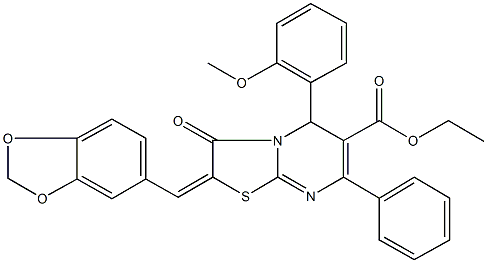 ethyl 2-(1,3-benzodioxol-5-ylmethylene)-5-(2-methoxyphenyl)-3-oxo-7-phenyl-2,3-dihydro-5H-[1,3]thiazolo[3,2-a]pyrimidine-6-carboxylate Structure