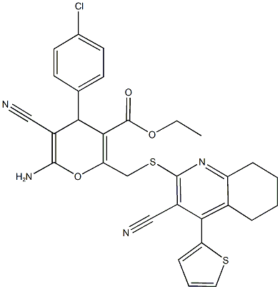 ethyl 6-amino-4-(4-chlorophenyl)-5-cyano-2-({[3-cyano-4-(2-thienyl)-5,6,7,8-tetrahydro-2-quinolinyl]sulfanyl}methyl)-4H-pyran-3-carboxylate Structure